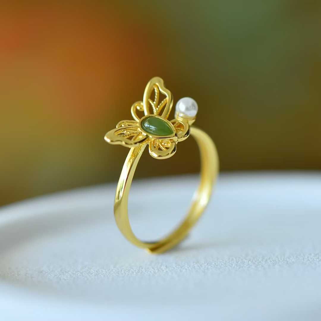 925 Silver Inlaid Hetian Nephrite "Water Drop & Butterfly" Ring - jewelry - weilin.com