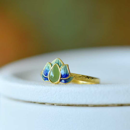 925 Silver Inlaid Hetian Nephrite "Water Drop & Lotus" Ring - jewelry - weilin.com