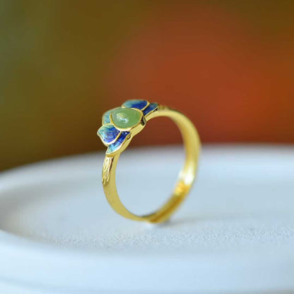 925 Silver Inlaid Hetian Nephrite "Water Drop & Lotus" Ring - jewelry - weilin.com