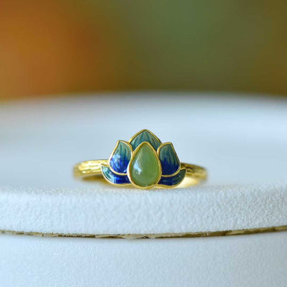 925 Silver Inlaid Hetian Nephrite "Water Drop & Lotus" Ring - jewelry - weilin.com