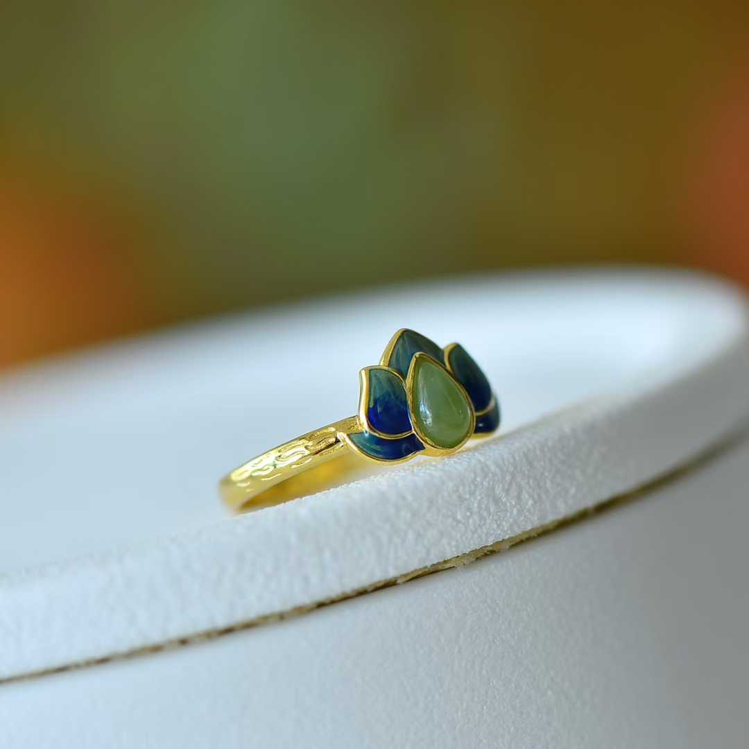 925 Silver Inlaid Hetian Nephrite "Water Drop & Lotus" Ring - jewelry - weilin.com