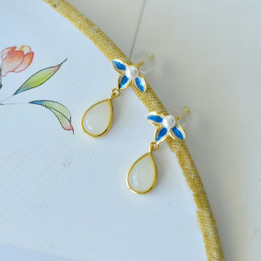 925 Silver Inlaid Hetian Nephrite "Water Drop, Orchid & Enamel" Earrings - jewelry - weilin.com