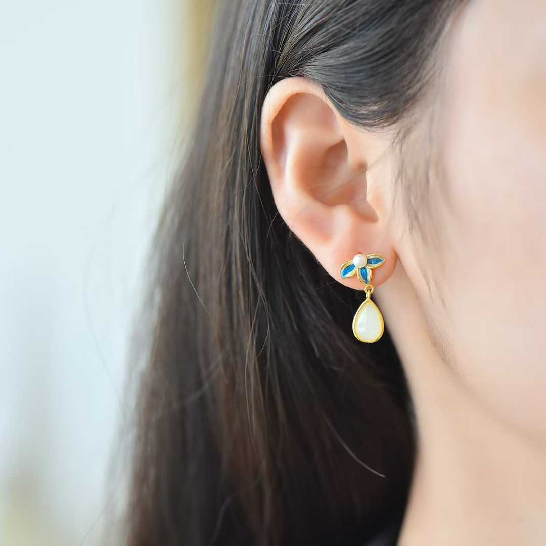 925 Silver Inlaid Hetian Nephrite "Water Drop, Orchid & Enamel" Earrings - jewelry - weilin.com