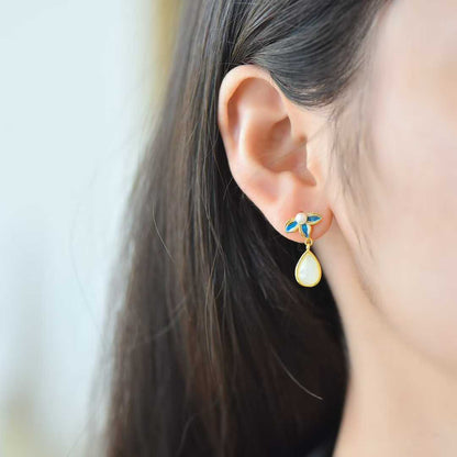 925 Silver Inlaid Hetian Nephrite "Water Drop, Orchid & Enamel" Earrings - jewelry - weilin.com