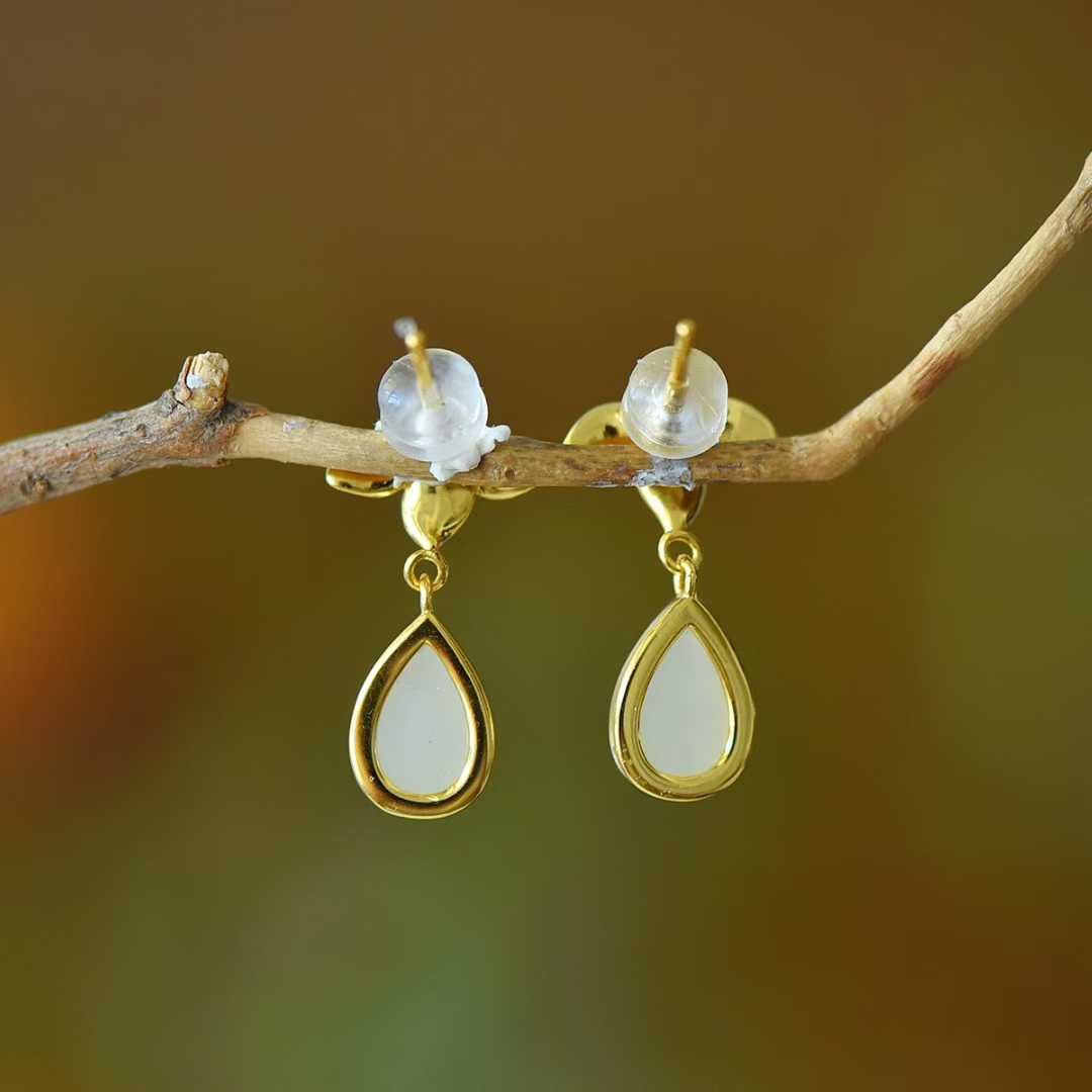 925 Silver Inlaid Hetian Nephrite "Water Drop, Orchid & Enamel" Earrings - jewelry - weilin.com