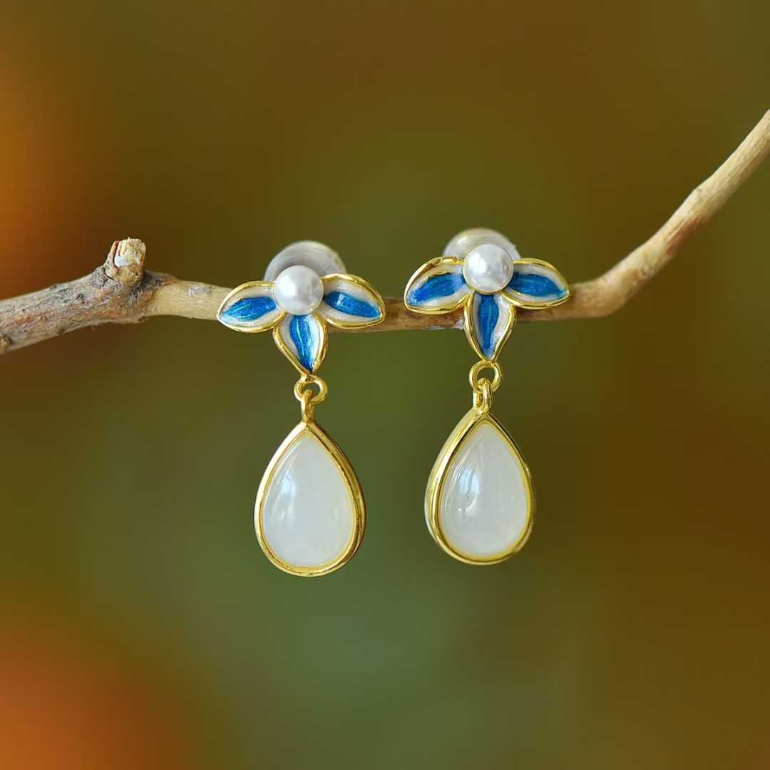 925 Silver Inlaid Hetian Nephrite "Water Drop, Orchid & Enamel" Earrings - jewelry - weilin.com