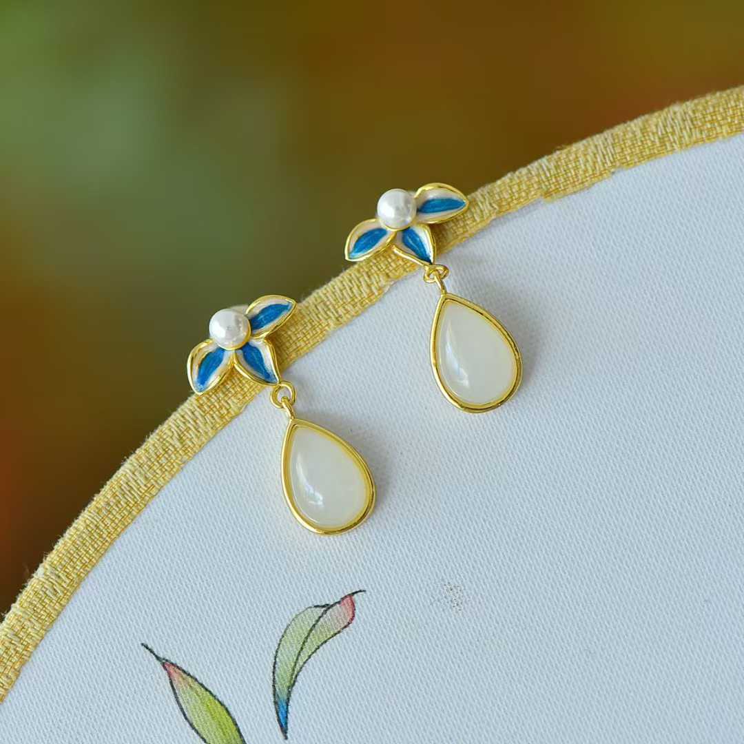925 Silver Inlaid Hetian Nephrite "Water Drop, Orchid & Enamel" Earrings - jewelry - weilin.com