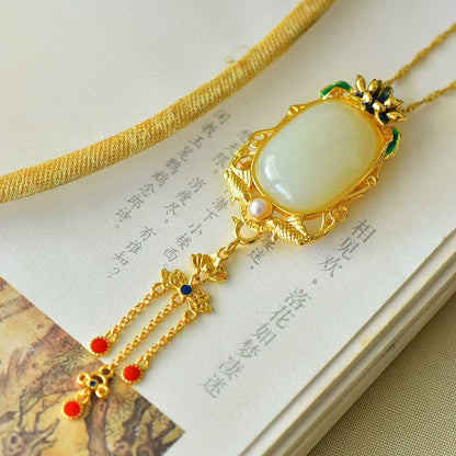 925 Silver Inlaid Hetian Nephrite "Year of Abundance (Fish) & Tassel" Pendant - jewelry - weilin.com