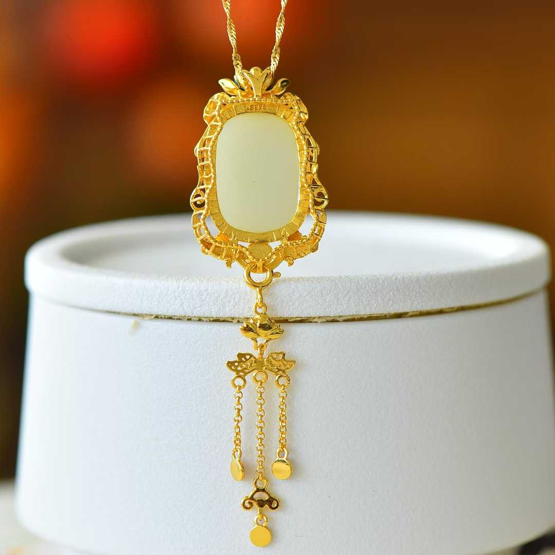 925 Silver Inlaid Hetian Nephrite "Year of Abundance (Fish) & Tassel" Pendant - jewelry - weilin.com