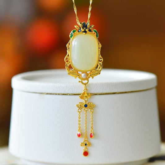 925 Silver Inlaid Hetian Nephrite "Year of Abundance (Fish) & Tassel" Pendant - jewelry - weilin.com
