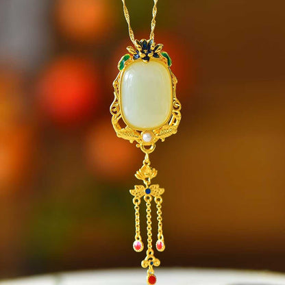 925 Silver Inlaid Hetian Nephrite "Year of Abundance (Fish) & Tassel" Pendant - jewelry - weilin.com