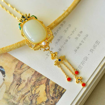 925 Silver Inlaid Hetian Nephrite "Year of Abundance (Fish) & Tassel" Pendant - jewelry - weilin.com