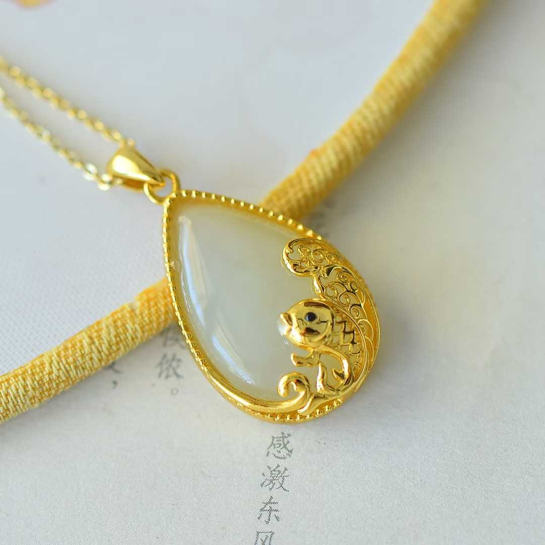925 Silver Inlaid Hetian Nephrite "Year of Abundance (Fish) & Teardrop" Pendant - jewelry - weilin.com