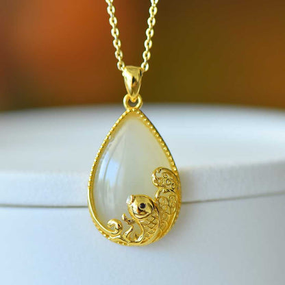 925 Silver Inlaid Hetian Nephrite "Year of Abundance (Fish) & Teardrop" Pendant - jewelry - weilin.com