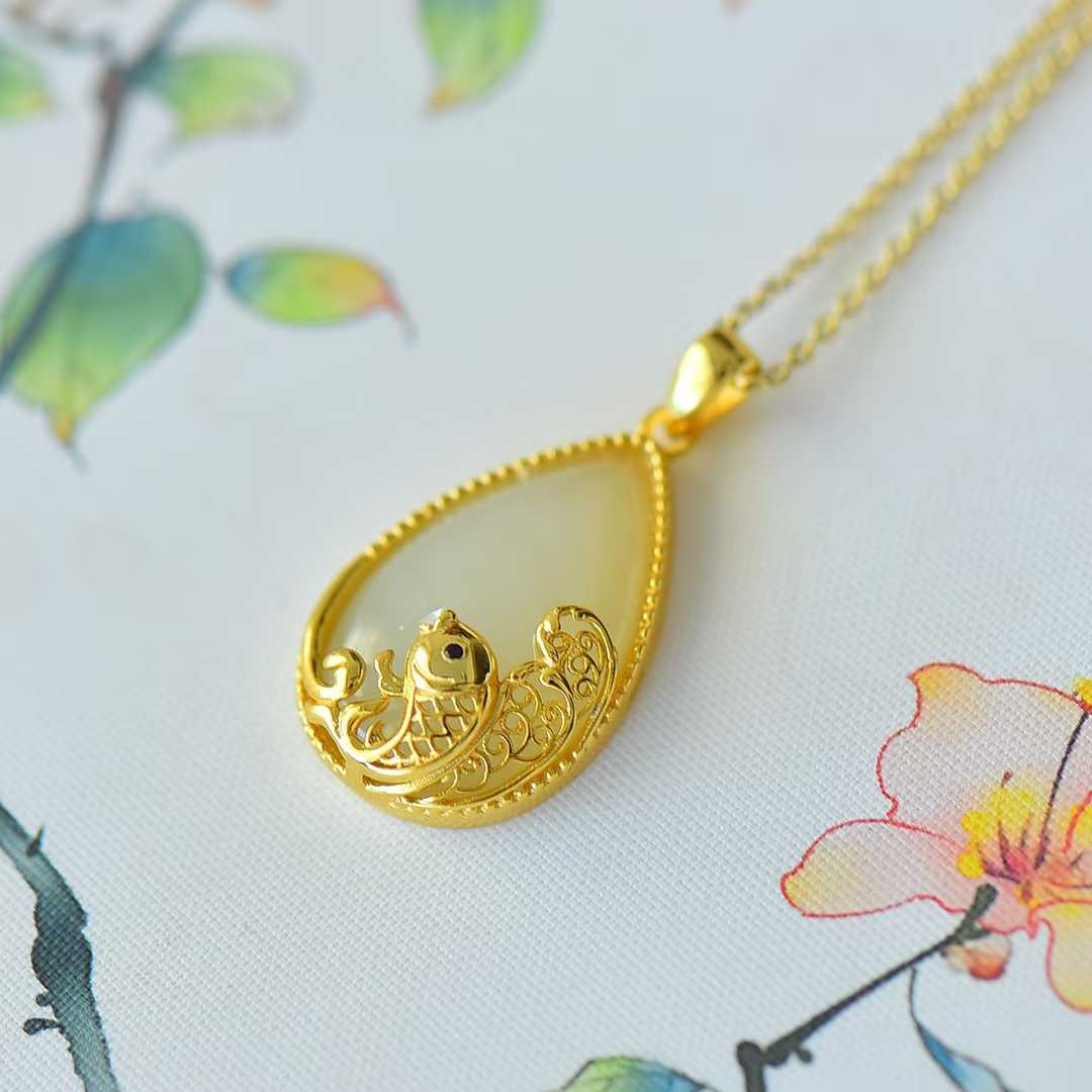 925 Silver Inlaid Hetian Nephrite "Year of Abundance (Fish) & Teardrop" Pendant - jewelry - weilin.com