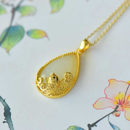 925 Silver Inlaid Hetian Nephrite "Year of Abundance (Fish) & Teardrop" Pendant - jewelry - weilin.com