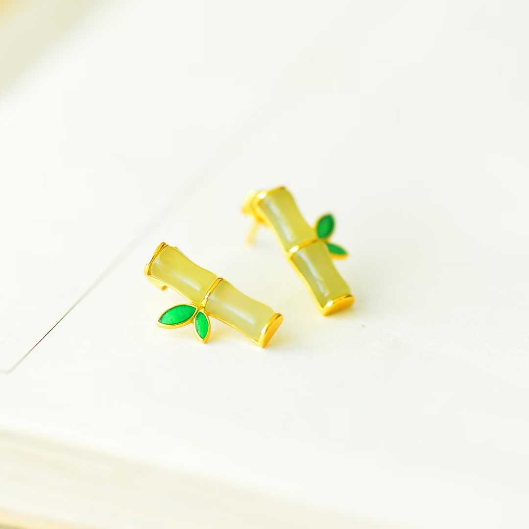 925 Silver Inlaid Hetian Qinghai Jade "Bamboo Joint & Steady Progress" Earrings - jewelry - weilin.com