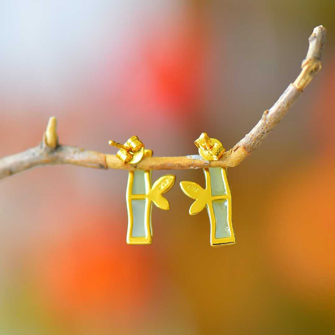 925 Silver Inlaid Hetian Qinghai Jade "Bamboo Joint & Steady Progress" Earrings - jewelry - weilin.com