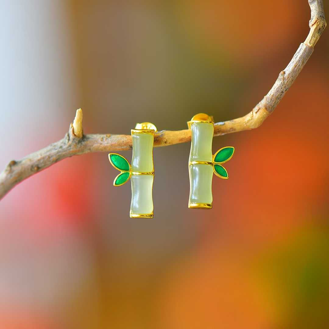 925 Silver Inlaid Hetian Qinghai Jade "Bamboo Joint & Steady Progress" Earrings - jewelry - weilin.com