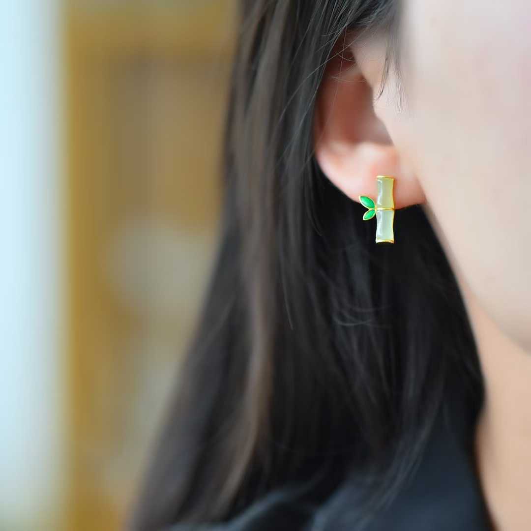 925 Silver Inlaid Hetian Qinghai Jade "Bamboo Joint & Steady Progress" Earrings - jewelry - weilin.com