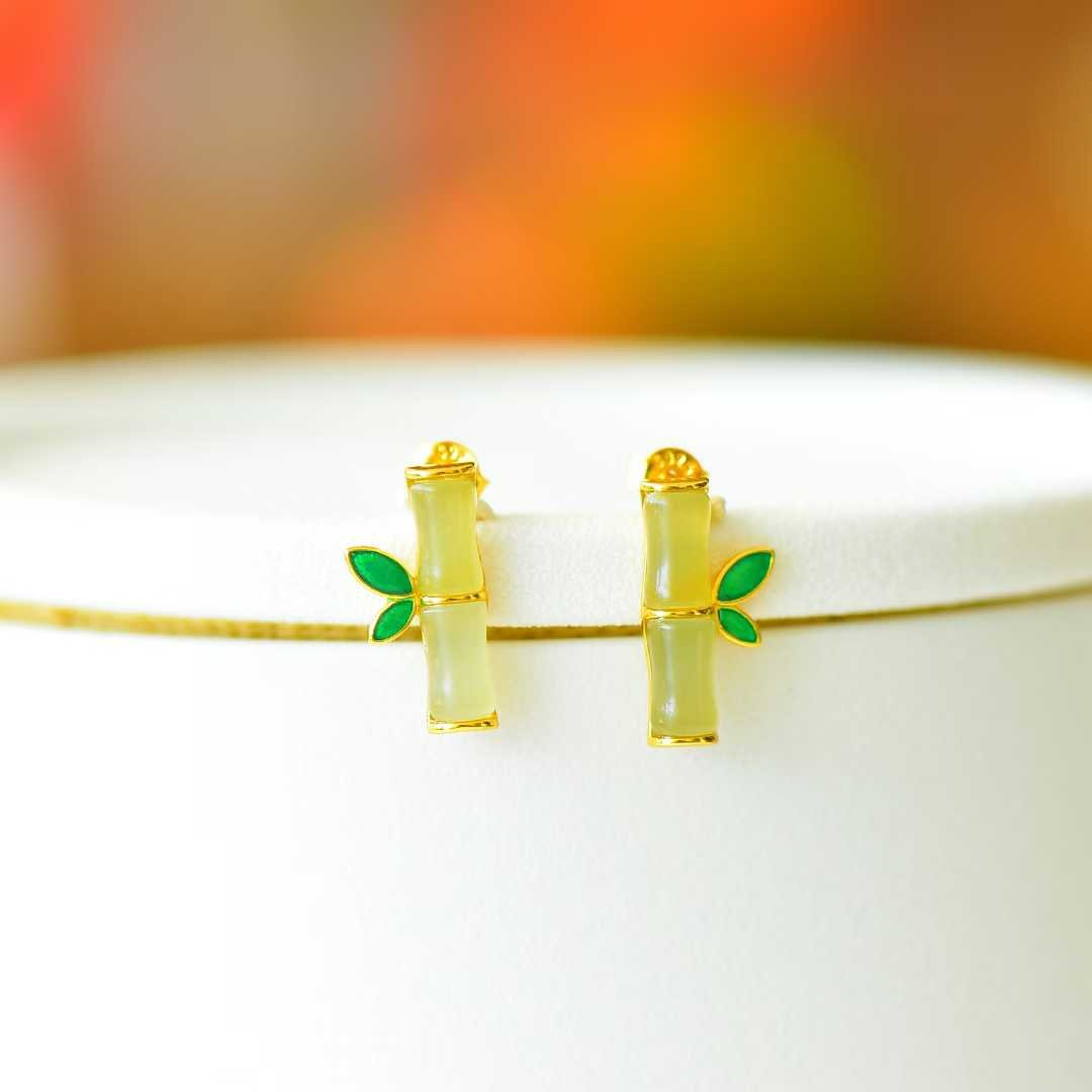 925 Silver Inlaid Hetian Qinghai Jade "Bamboo Joint & Steady Progress" Earrings - jewelry - weilin.com