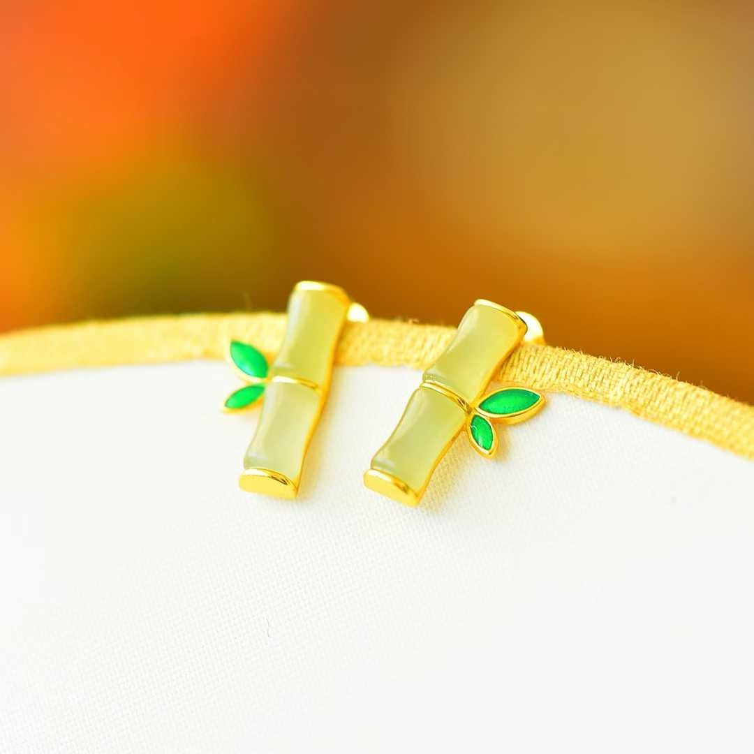 925 Silver Inlaid Hetian Qinghai Jade "Bamboo Joint & Steady Progress" Earrings - jewelry - weilin.com