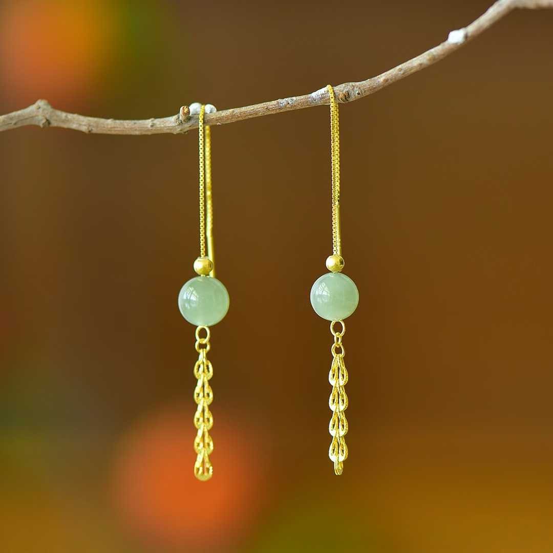 925 Silver Inlaid Hetian Qingshui Jade 8mm Full - Drilled Bead Phoenix Tail Plain Silver Earrings - jewelry - weilin.com