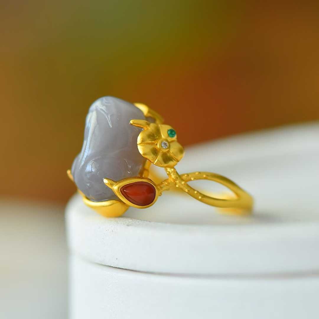 925 Silver Inlaid Hetian Smoky Gray Nephrite Cabochon Ring - jewelry - weilin.com