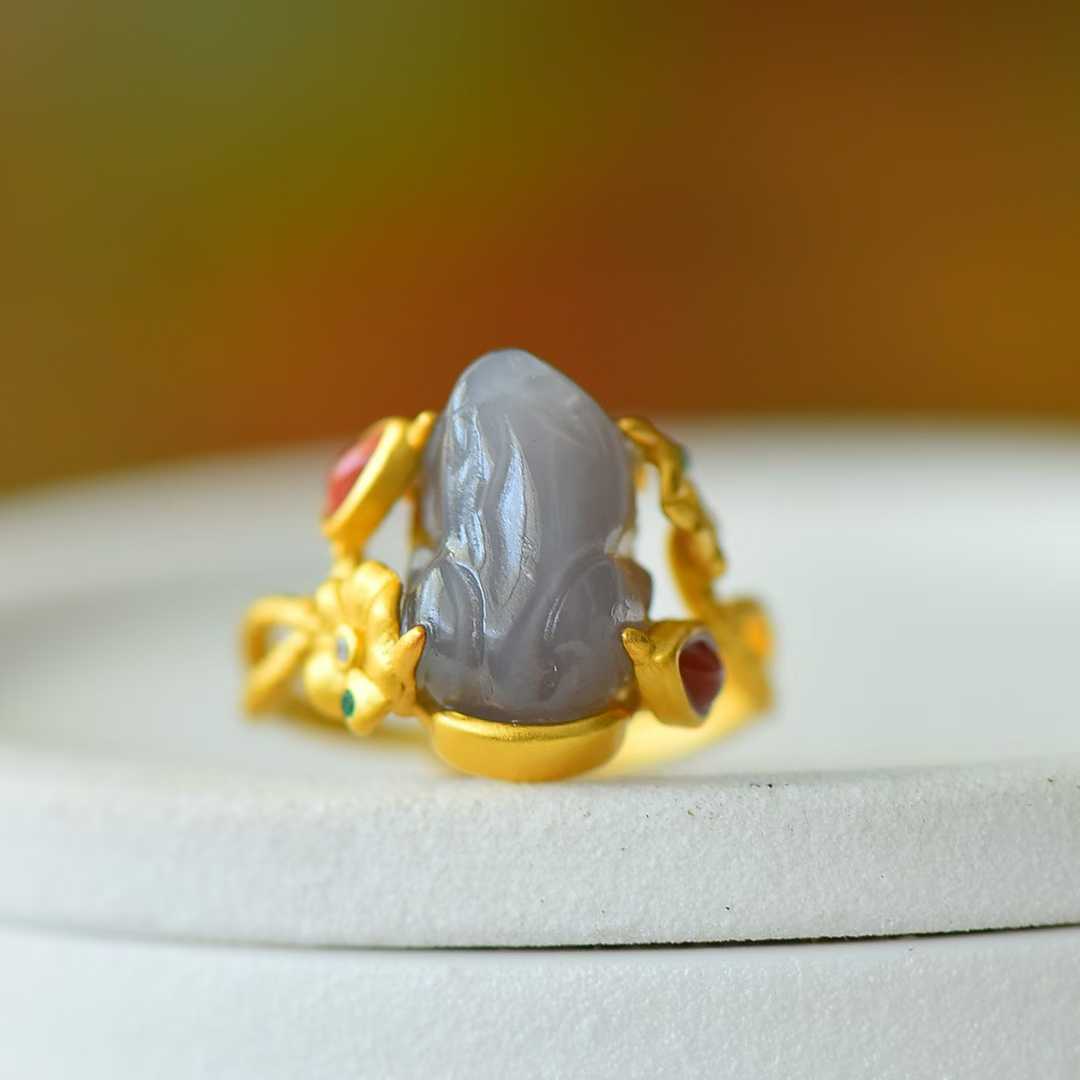 925 Silver Inlaid Hetian Smoky Gray Nephrite Cabochon Ring - jewelry - weilin.com