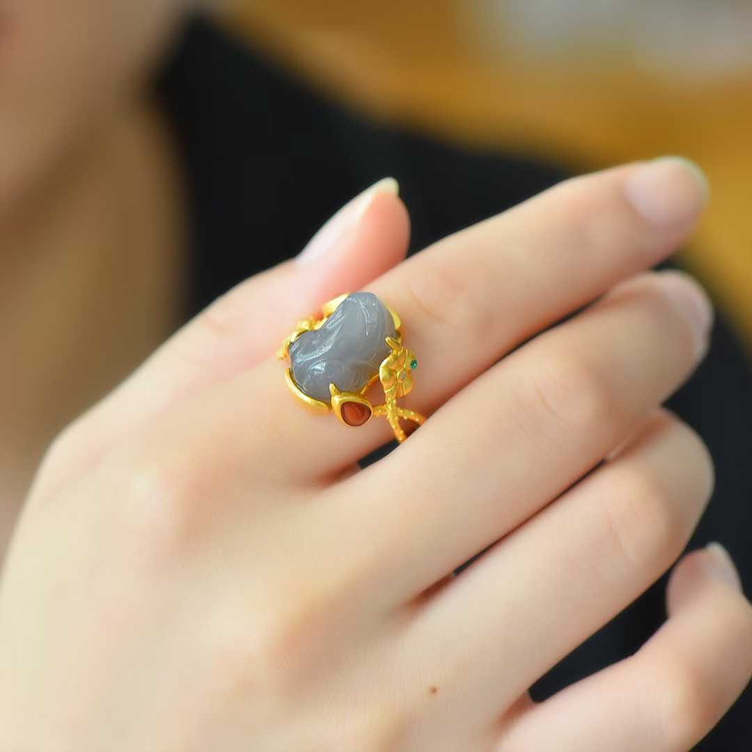 925 Silver Inlaid Hetian Smoky Gray Nephrite Cabochon Ring - jewelry - weilin.com