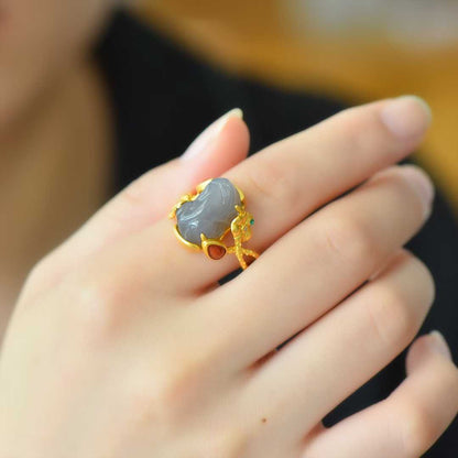 925 Silver Inlaid Hetian Smoky Gray Nephrite Cabochon Ring - jewelry - weilin.com