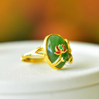 925 Silver Inlaid Hetian Spinach Green Nephrite "Abundance Every Year" Fish Ring - jewelry - weilin.com
