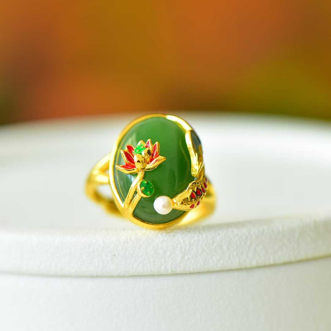 925 Silver Inlaid Hetian Spinach Green Nephrite "Abundance Every Year" Fish Ring - jewelry - weilin.com