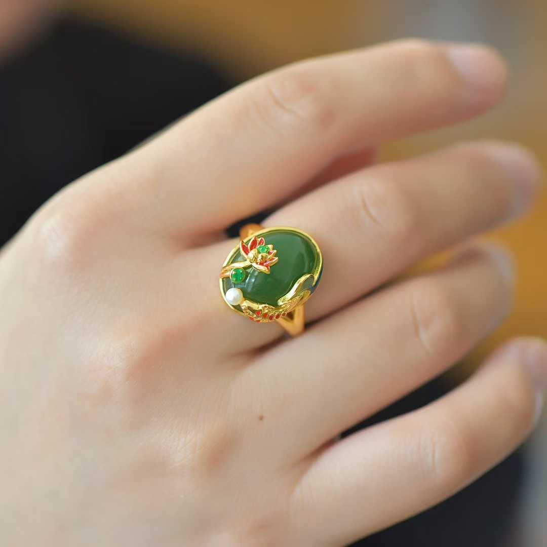 925 Silver Inlaid Hetian Spinach Green Nephrite "Abundance Every Year" Fish Ring - jewelry - weilin.com