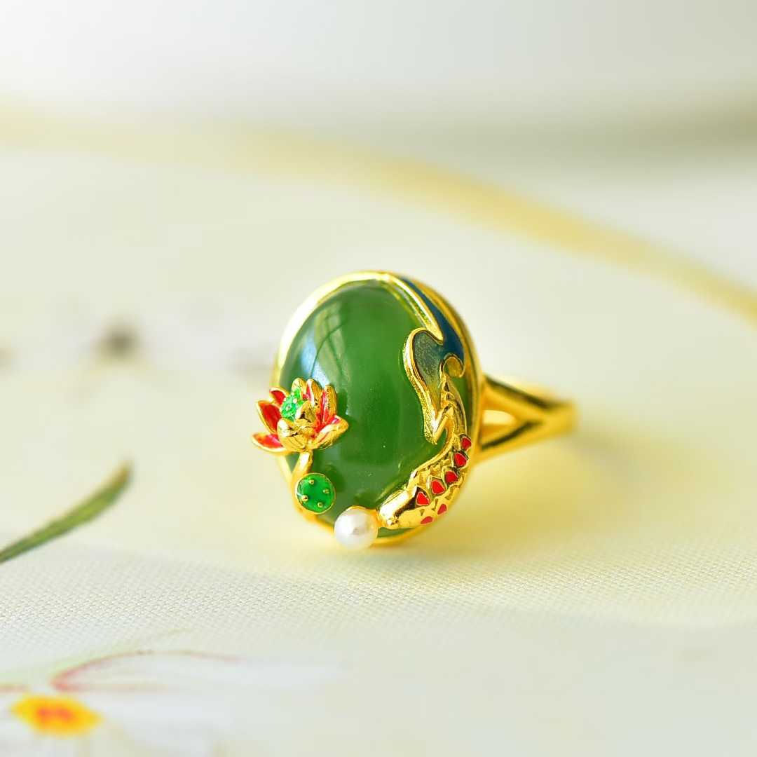 925 Silver Inlaid Hetian Spinach Green Nephrite "Abundance Every Year" Fish Ring - jewelry - weilin.com
