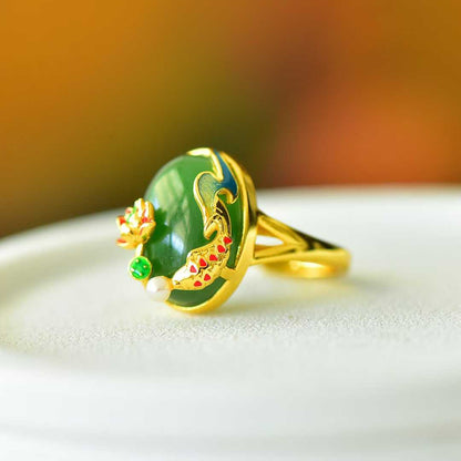 925 Silver Inlaid Hetian Spinach Green Nephrite "Abundance Every Year" Fish Ring - jewelry - weilin.com