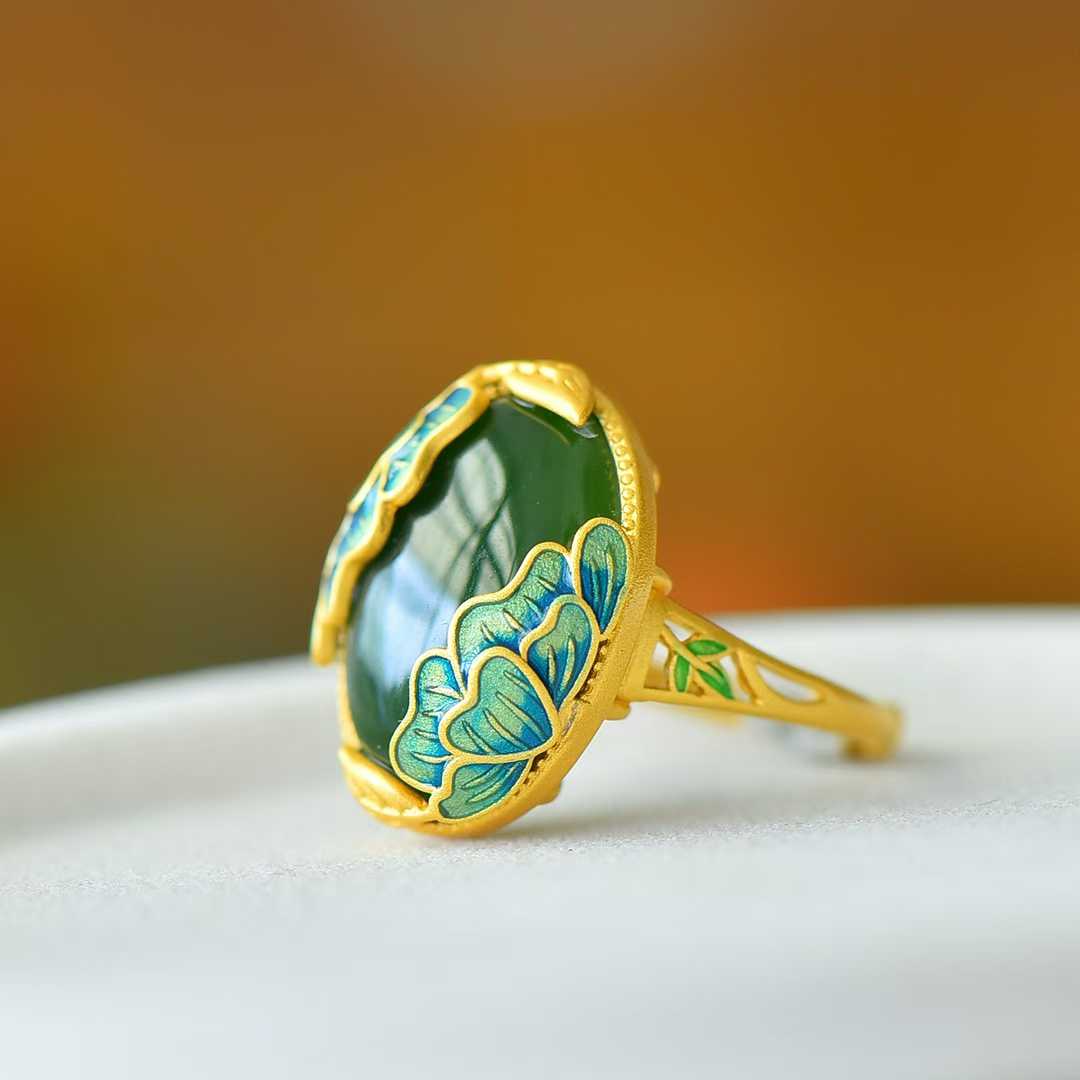 925 Silver Inlaid Hetian Spinach Green Nephrite "Adding Flowers to Brocade" Ring - jewelry - weilin.com