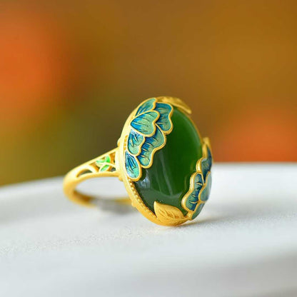 925 Silver Inlaid Hetian Spinach Green Nephrite "Adding Flowers to Brocade" Ring - jewelry - weilin.com