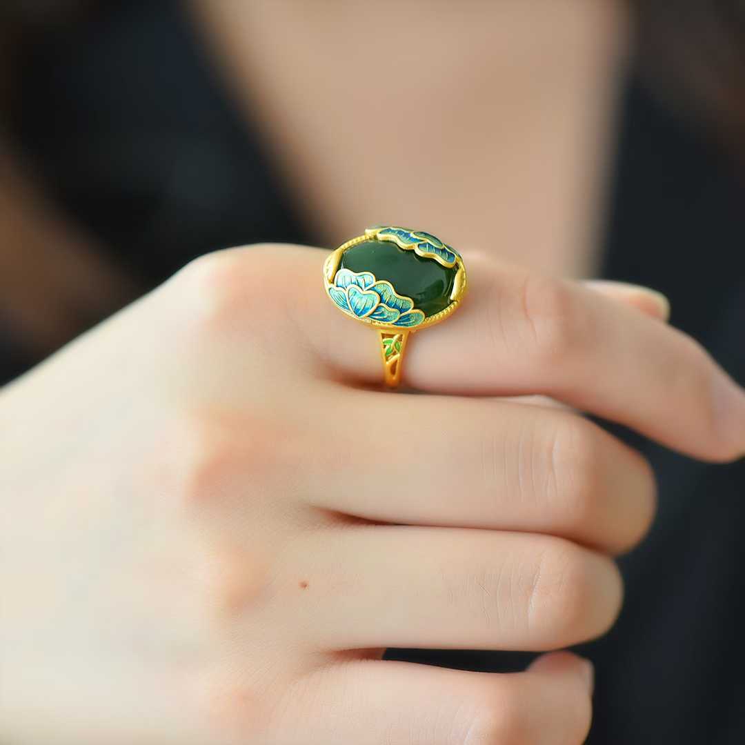 925 Silver Inlaid Hetian Spinach Green Nephrite "Adding Flowers to Brocade" Ring - jewelry - weilin.com