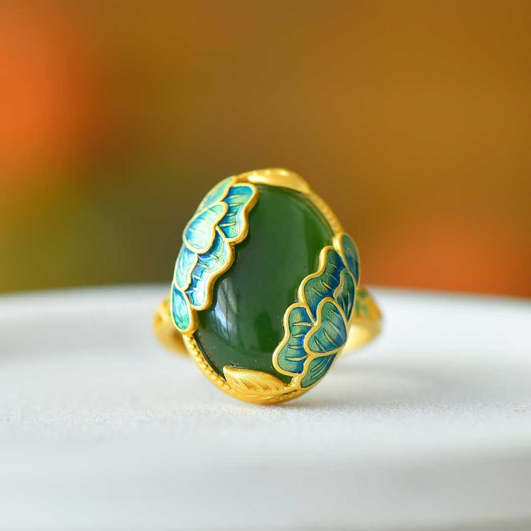 925 Silver Inlaid Hetian Spinach Green Nephrite "Adding Flowers to Brocade" Ring - jewelry - weilin.com