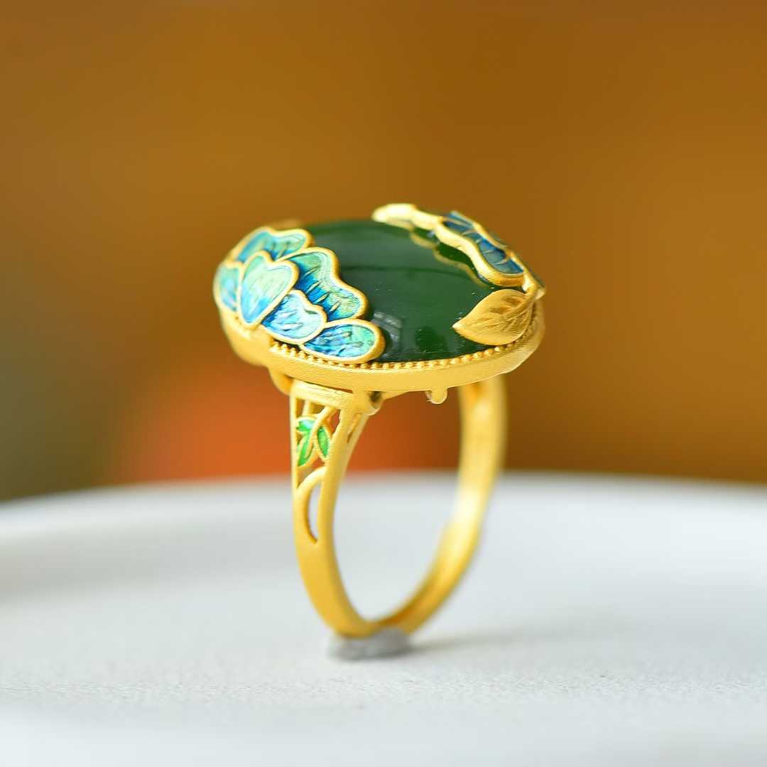 925 Silver Inlaid Hetian Spinach Green Nephrite "Adding Flowers to Brocade" Ring - jewelry - weilin.com
