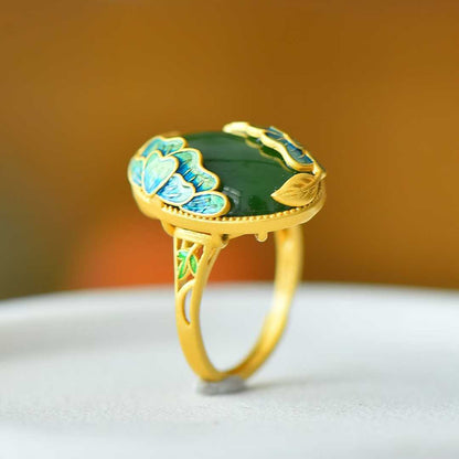 925 Silver Inlaid Hetian Spinach Green Nephrite "Adding Flowers to Brocade" Ring - jewelry - weilin.com