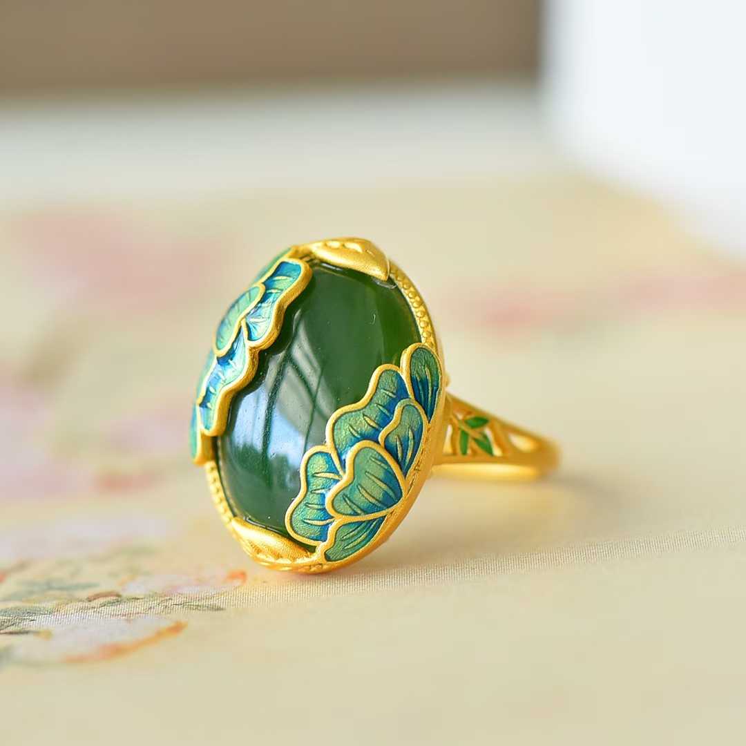 925 Silver Inlaid Hetian Spinach Green Nephrite "Adding Flowers to Brocade" Ring - jewelry - weilin.com