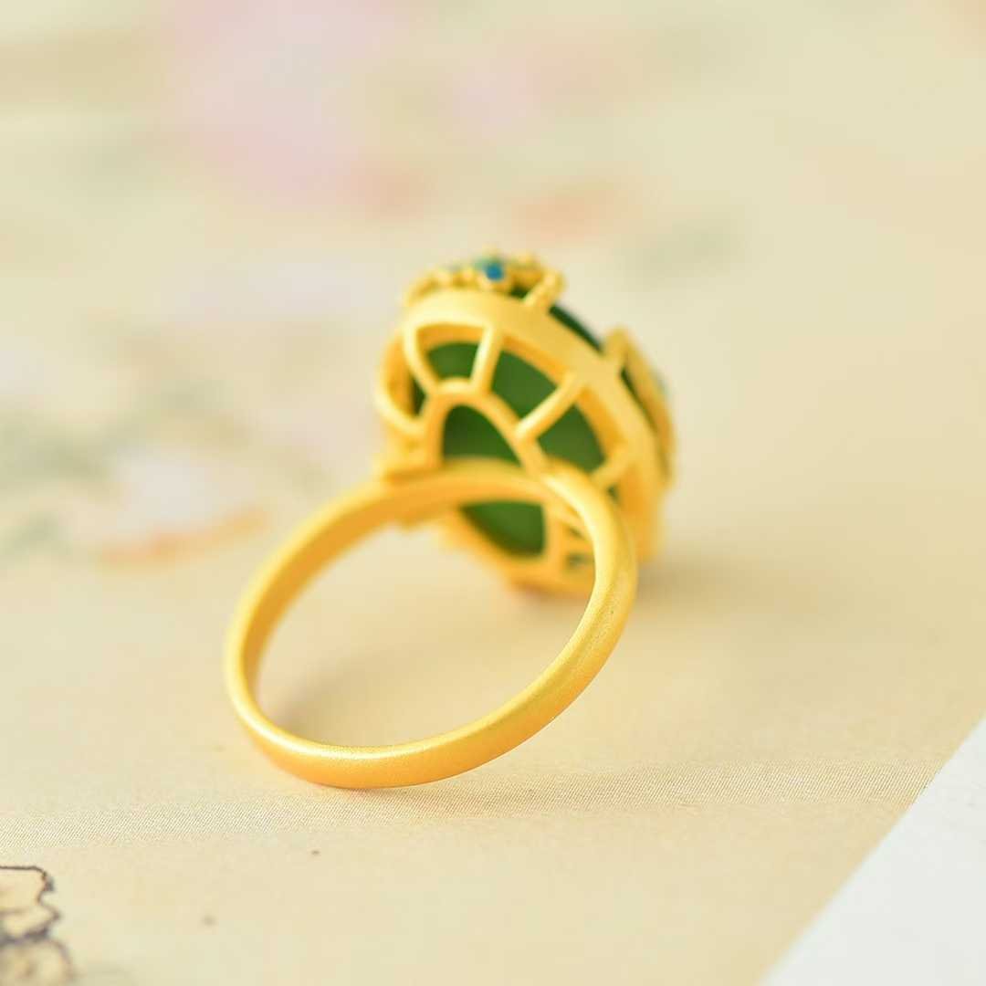 925 Silver Inlaid Hetian Spinach Green Nephrite Cabochon "Colorful Butterflies & Continuous Luck" Enamel Butterfly Ring - jewelry - weilin.com