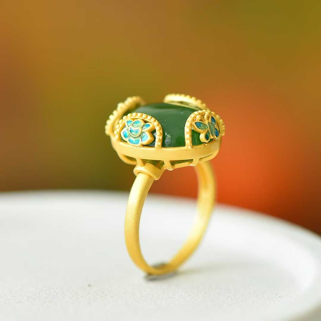 925 Silver Inlaid Hetian Spinach Green Nephrite Cabochon "Colorful Butterflies & Continuous Luck" Enamel Butterfly Ring - jewelry - weilin.com
