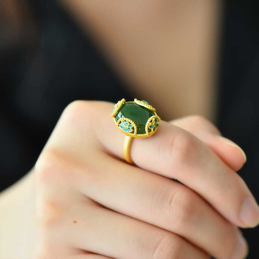 925 Silver Inlaid Hetian Spinach Green Nephrite Cabochon "Colorful Butterflies & Continuous Luck" Enamel Butterfly Ring - jewelry - weilin.com