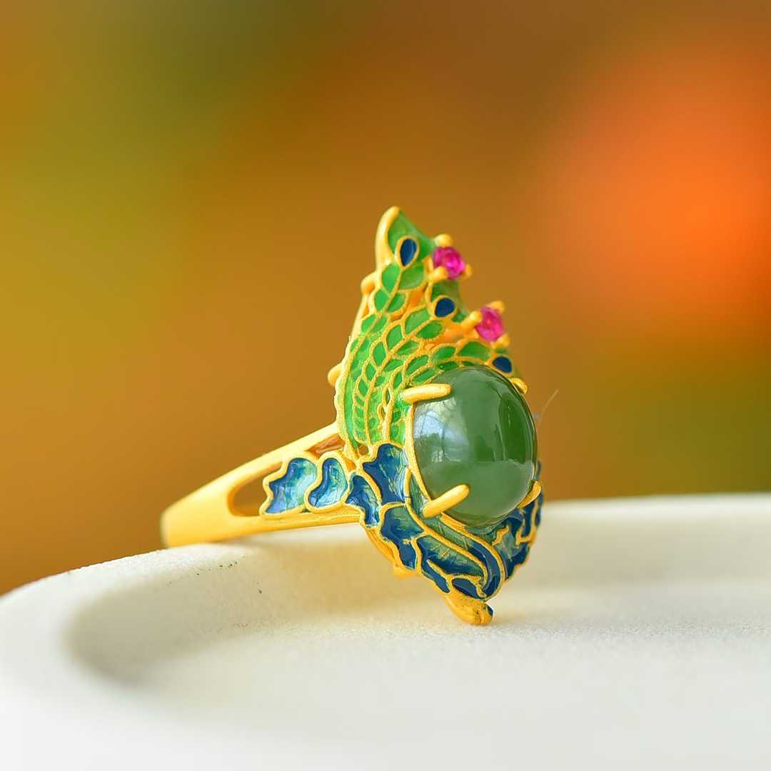 925 Silver Inlaid Hetian Spinach Green Nephrite Cabochon Peacock Enamel Ring - jewelry - weilin.com