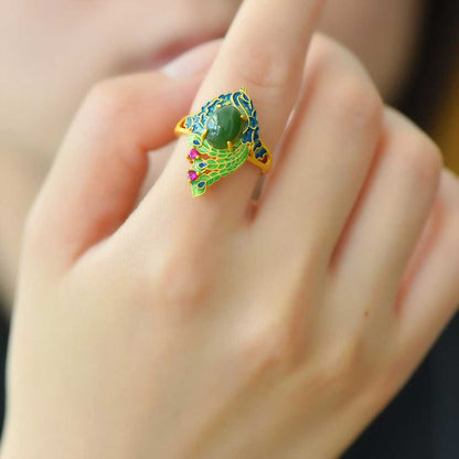 925 Silver Inlaid Hetian Spinach Green Nephrite Cabochon Peacock Enamel Ring - jewelry - weilin.com