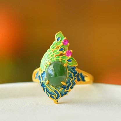 925 Silver Inlaid Hetian Spinach Green Nephrite Cabochon Peacock Enamel Ring - jewelry - weilin.com