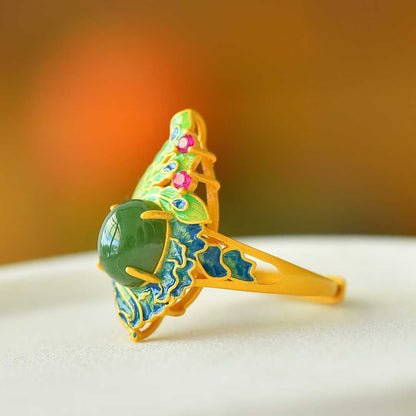 925 Silver Inlaid Hetian Spinach Green Nephrite Cabochon Peacock Enamel Ring - jewelry - weilin.com